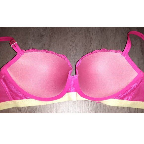 Victoria's Secret PINK Date Push Up Bra Size 34D Hot Pink Lace Neon Yellow Green - Picture 4 of 7